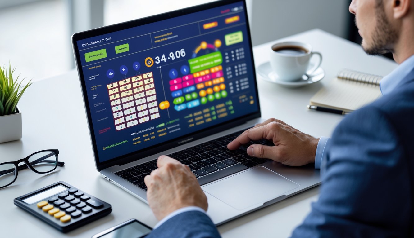 Seorang pria berpakaian kasual rapi sedang menganalisis data di laptop di meja kerja dengan alat tulis dan kopi di sekitarnya.