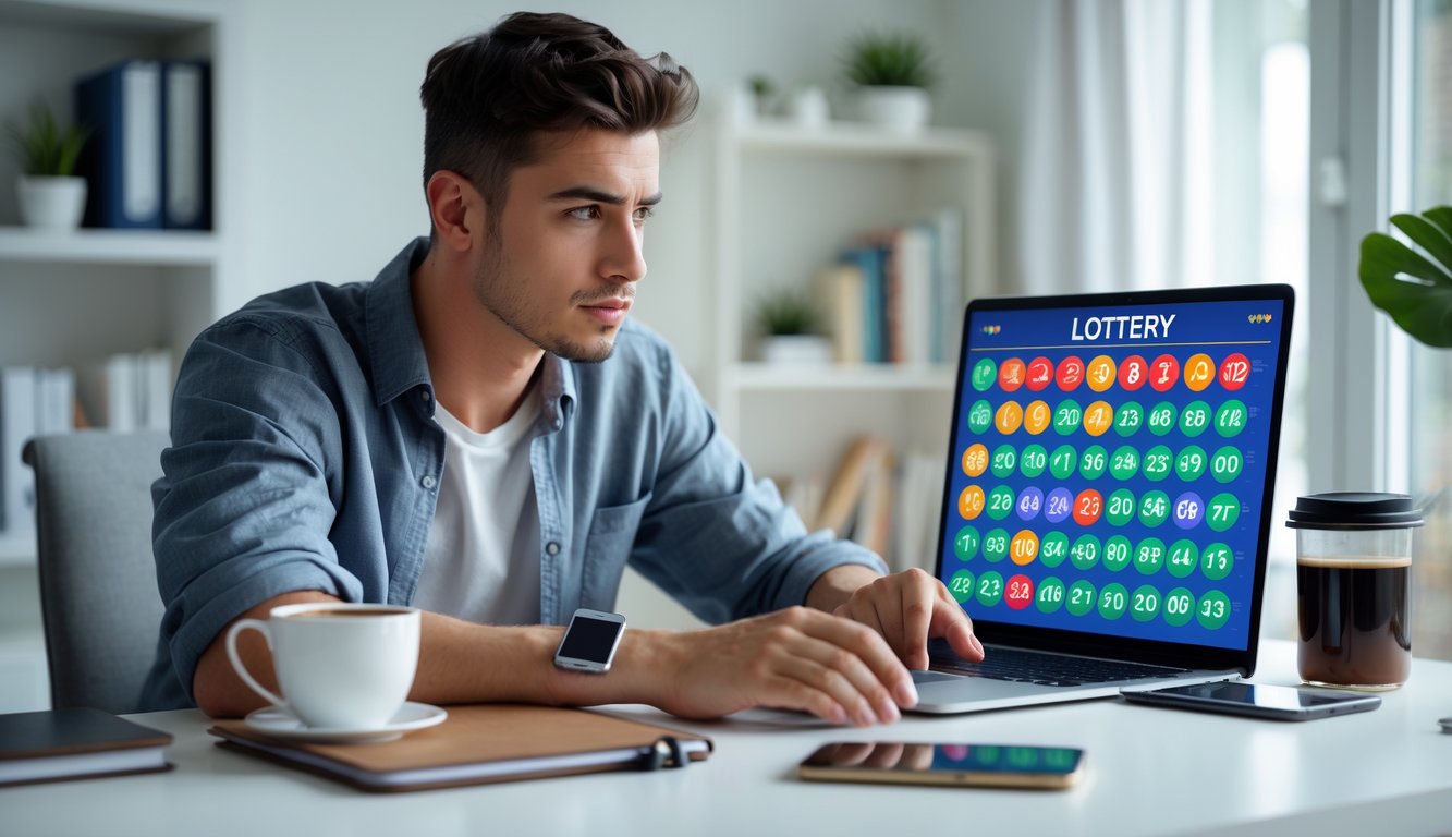 Seorang pria muda duduk di meja dengan laptop, terlihat fokus dan sedang menganalisis angka lotere online di ruang kerja yang rapi.