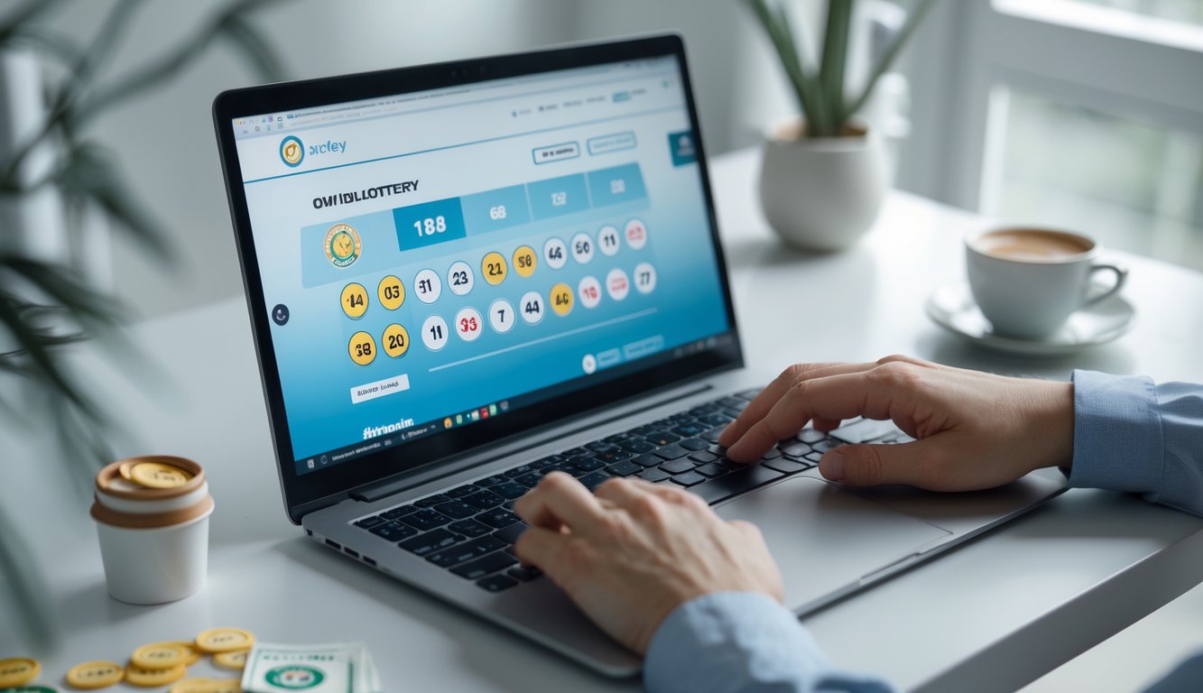 Seseorang sedang menggunakan laptop di meja kerja dengan tampilan situs togel online di layar, suasana rapi dan terang.
