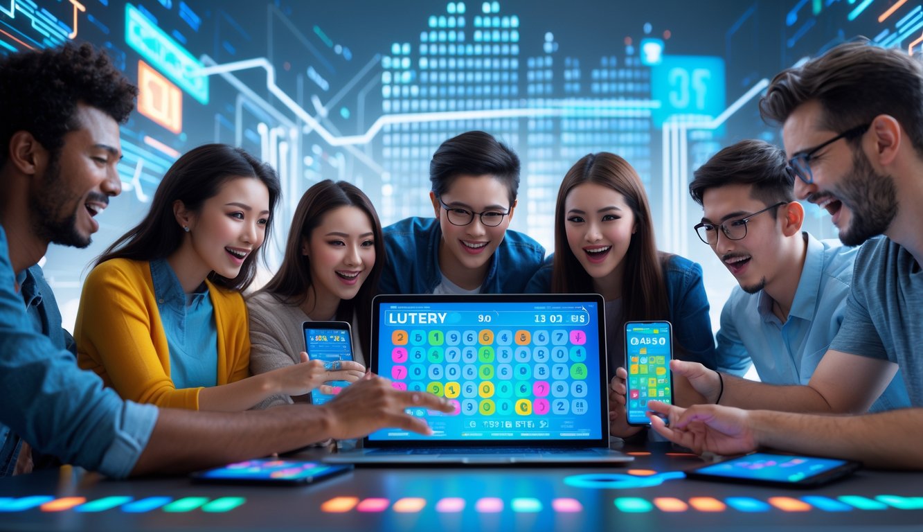 Sekelompok orang muda sedang menggunakan laptop dan perangkat digital untuk bermain togel online dengan ekspresi antusias di lingkungan digital modern.