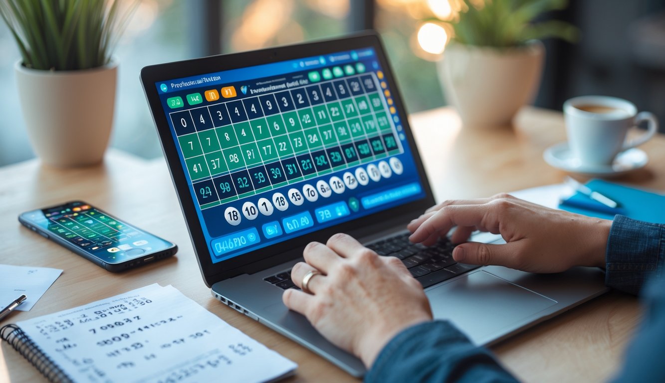 Seseorang sedang menggunakan laptop di meja kerja dengan tampilan angka dan grafik lotere online, dikelilingi catatan dan ponsel.