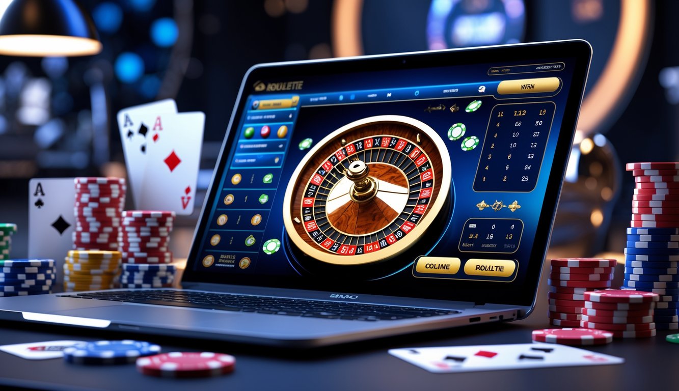 Layar komputer menampilkan permainan roulette online dengan roda roulette berwarna-warni dan chip taruhan di sekitarnya.