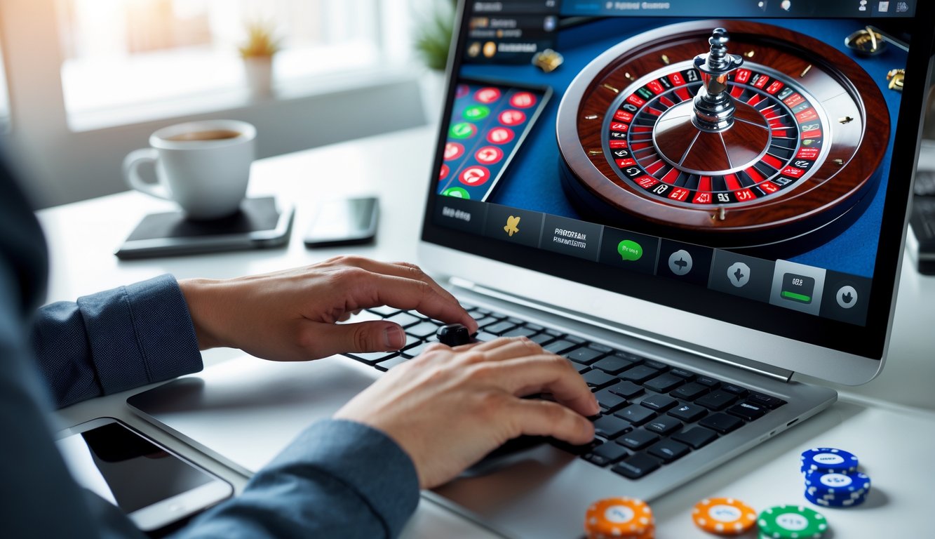 Seorang pemain sedang menggunakan komputer dengan tampilan roda roulette digital dan chip warna-warni di meja permainan online.