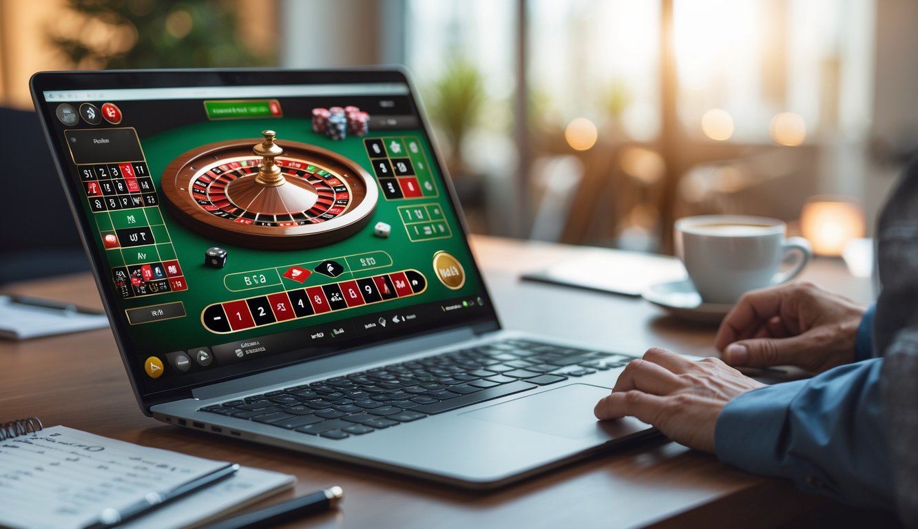 Seorang pemain duduk di depan komputer dengan layar menampilkan permainan roulette online, di meja terdapat catatan dan cangkir kopi.