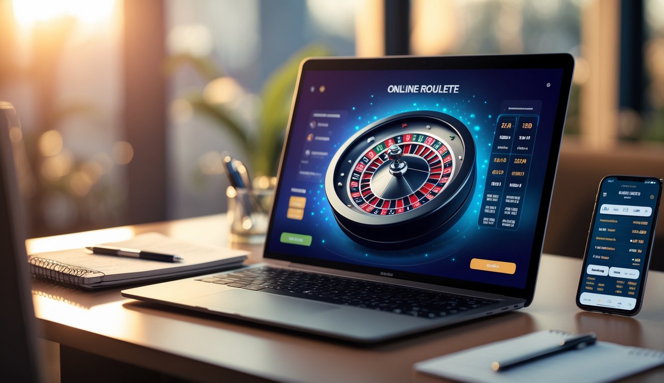 Seorang pemain duduk di depan komputer dengan layar menampilkan roda roulette digital, dikelilingi oleh catatan dan ponsel di meja.