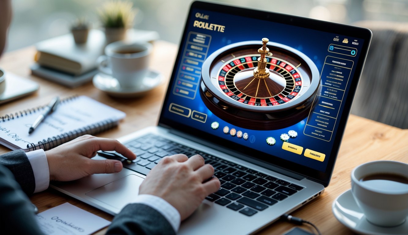 Seseorang menggunakan komputer dengan tampilan roda roulette virtual di layar, dikelilingi oleh catatan dan alat tulis di meja.