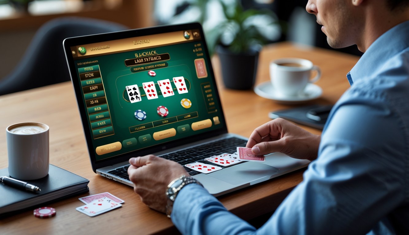 Seorang pemain fokus bermain blackjack online di depan layar komputer dengan kartu dan chip taruhan di meja.