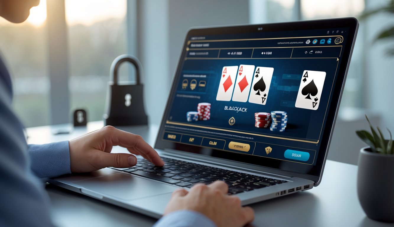 Seseorang menggunakan laptop di meja kerja dengan tampilan permainan blackjack online dan simbol keamanan digital.