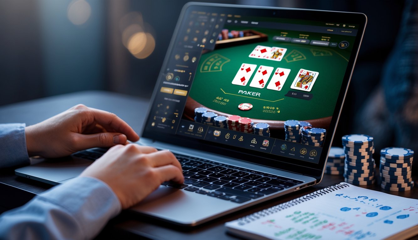 Seseorang bermain blackjack online di laptop dengan kartu dan chip, di samping ada catatan strategi dan ponsel.