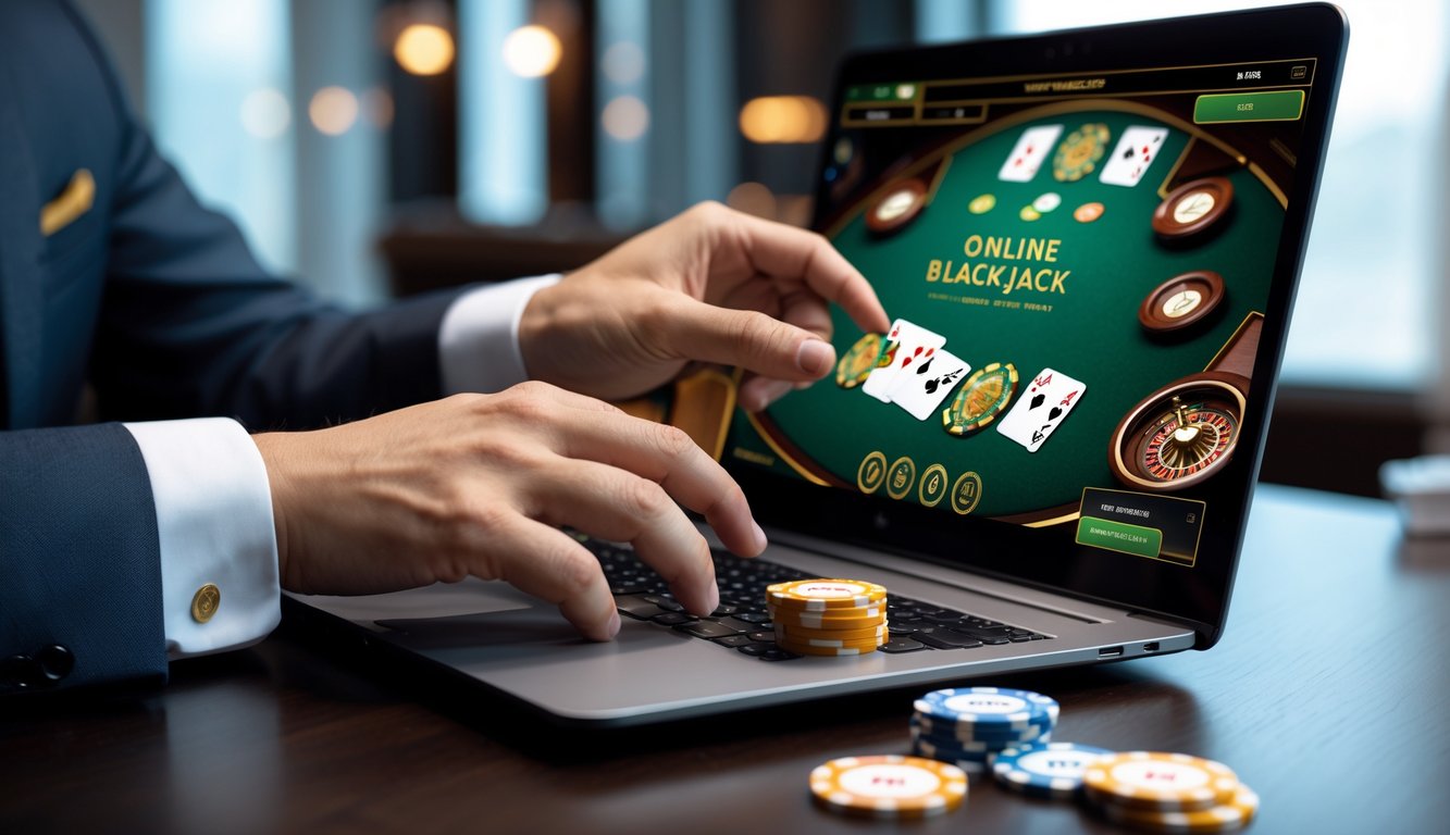 Seorang pemain berjudi blackjack online menggunakan komputer dengan kartu dan chip terlihat di layar.