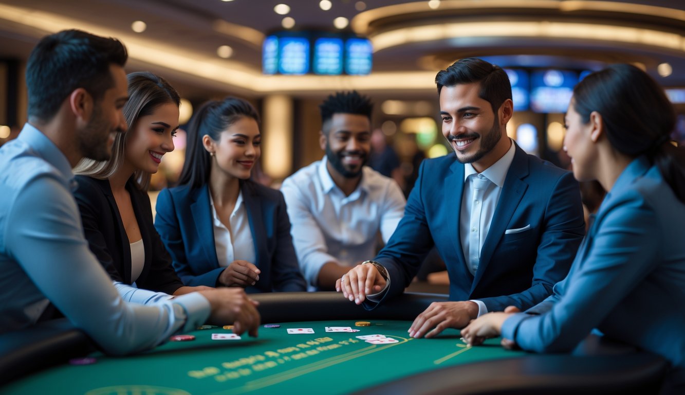 Seorang dealer profesional membagikan kartu blackjack kepada beberapa pemain di meja kasino yang modern dan terang.