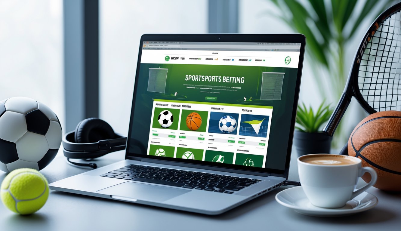 Meja kerja dengan laptop yang menampilkan situs taruhan olahraga, dikelilingi bola sepak, bola basket, raket tenis, dan headphone, dengan cahaya alami masuk dari jendela.