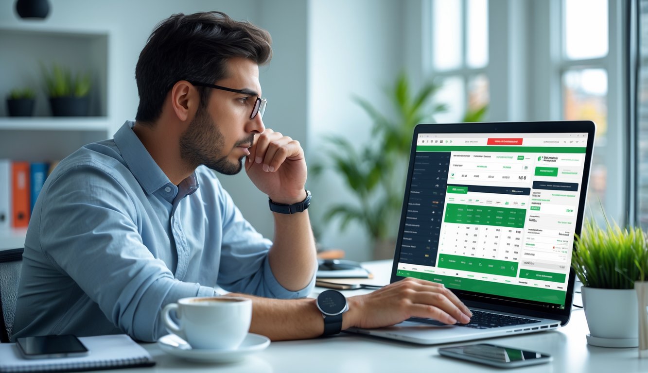 Seorang pria muda fokus menggunakan laptop di meja kerja dengan suasana kantor rumah yang terang dan rapi.