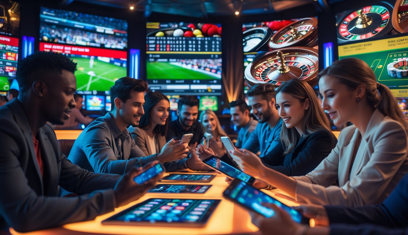 Sekelompok orang muda sedang menggunakan perangkat digital untuk taruhan olahraga dan permainan kasino di sebuah lounge modern.