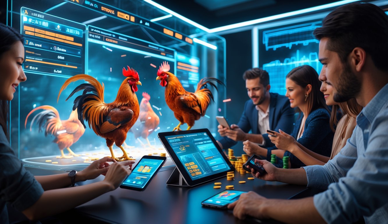 Beberapa orang muda sedang menggunakan perangkat digital untuk bermain sabung ayam secara online di ruangan dengan pencahayaan modern dan layar besar yang menampilkan pertarungan ayam secara virtual.