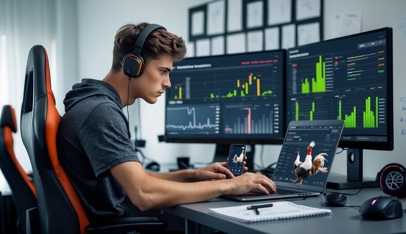 Seorang pria muda sedang fokus menganalisis data pertandingan sabung ayam online di depan beberapa layar komputer di ruangan yang terang dan rapi.