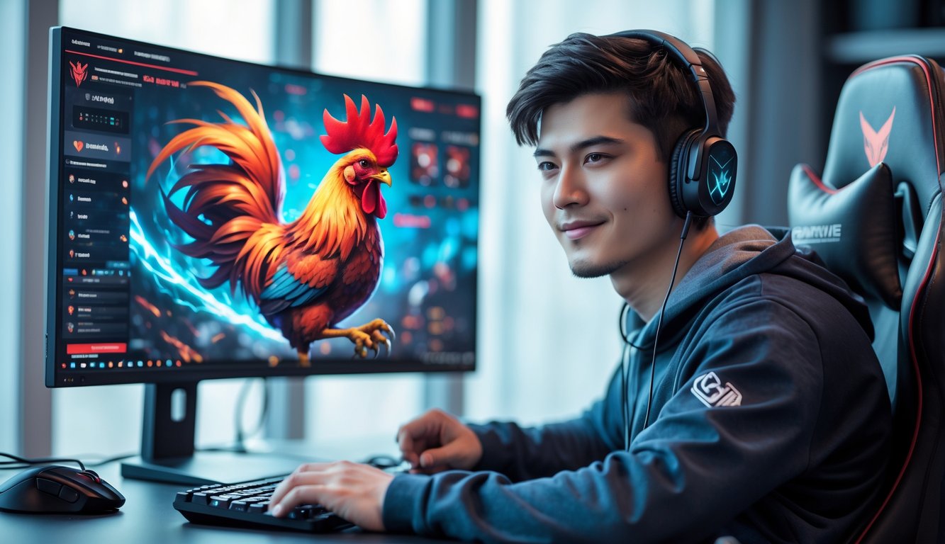 Seorang pria muda duduk di depan komputer dengan tampilan permainan sabung ayam online, fokus dan serius bermain di ruangan yang terang.