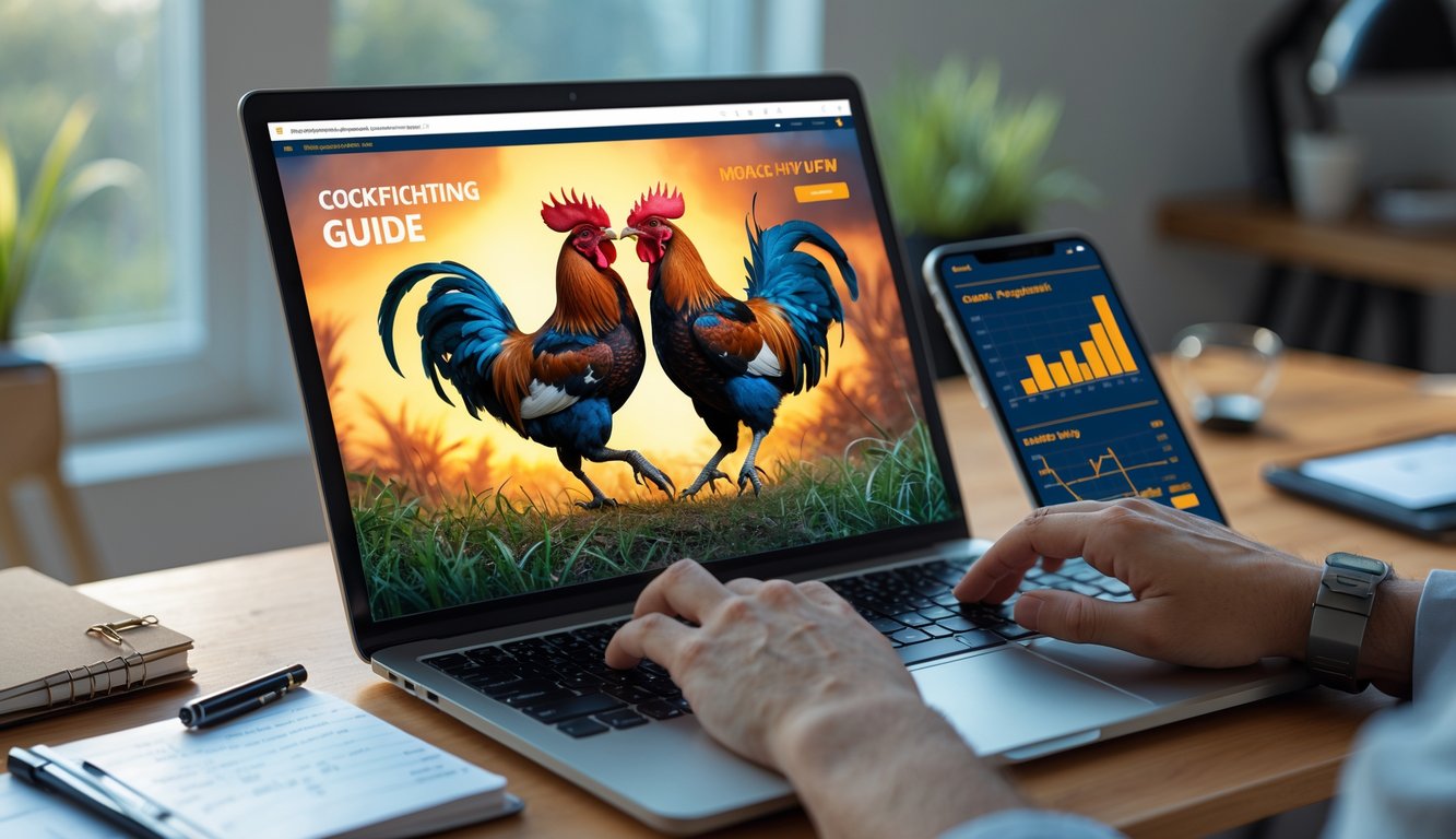 Seorang pria duduk di meja dengan laptop yang menampilkan gambar dua ayam bertarung, dikelilingi oleh buku catatan dan ponsel di ruang kerja yang terang.