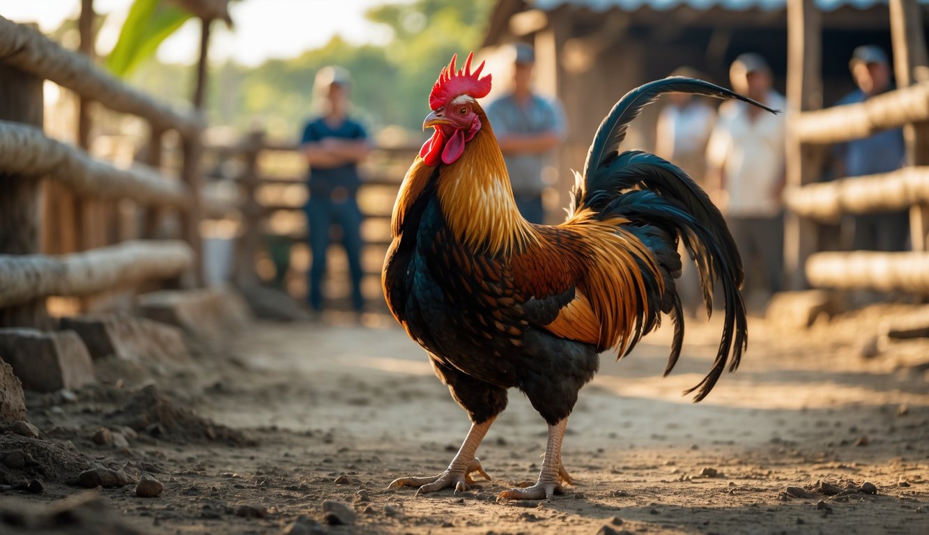 Seekor ayam petarung berdiri di tanah dengan latar belakang pedesaan dan orang-orang yang mengamati.