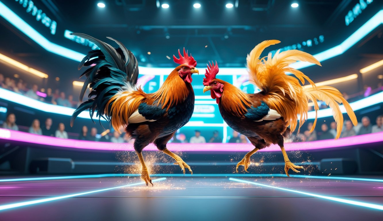 Dua ayam jago bertarung sengit di arena digital dengan latar belakang antarmuka futuristik dan penonton virtual.