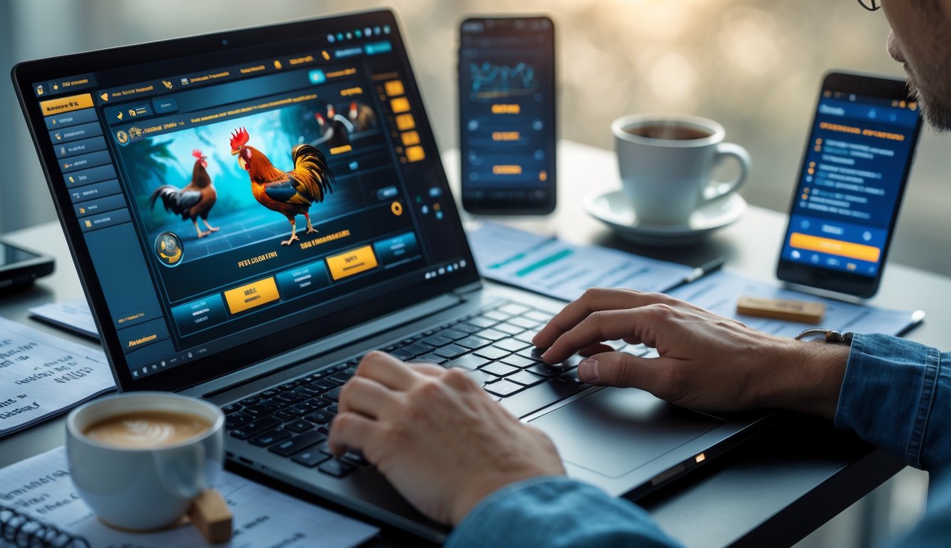 Seseorang sedang menggunakan laptop dengan tampilan permainan sabung ayam online di meja kerja yang rapi.