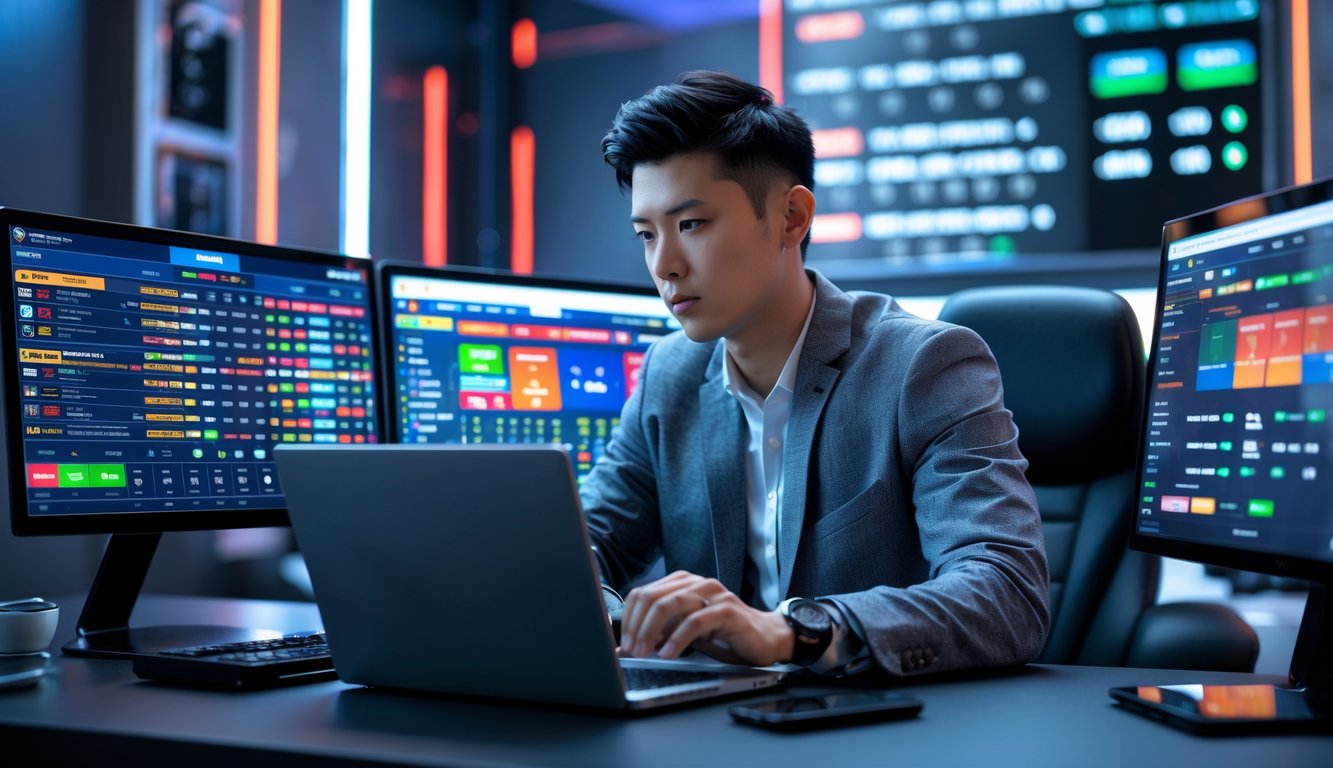 Seorang dewasa muda duduk di meja dengan beberapa layar komputer menampilkan antarmuka taruhan olahraga digital, menggunakan laptop dan ponsel di ruangan berteknologi modern.