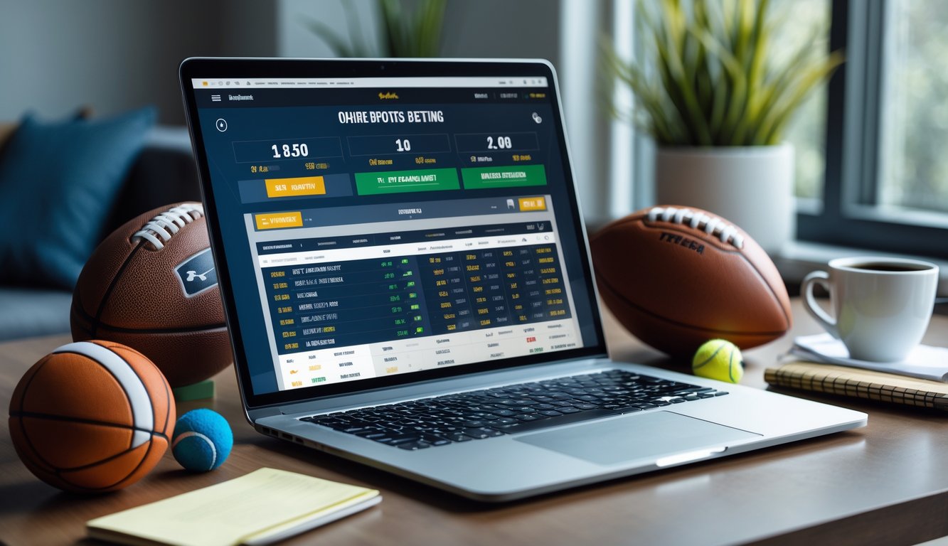 Seorang pria duduk di depan laptop dengan berbagai alat olahraga di meja, menunjukkan suasana taruhan olahraga online.
