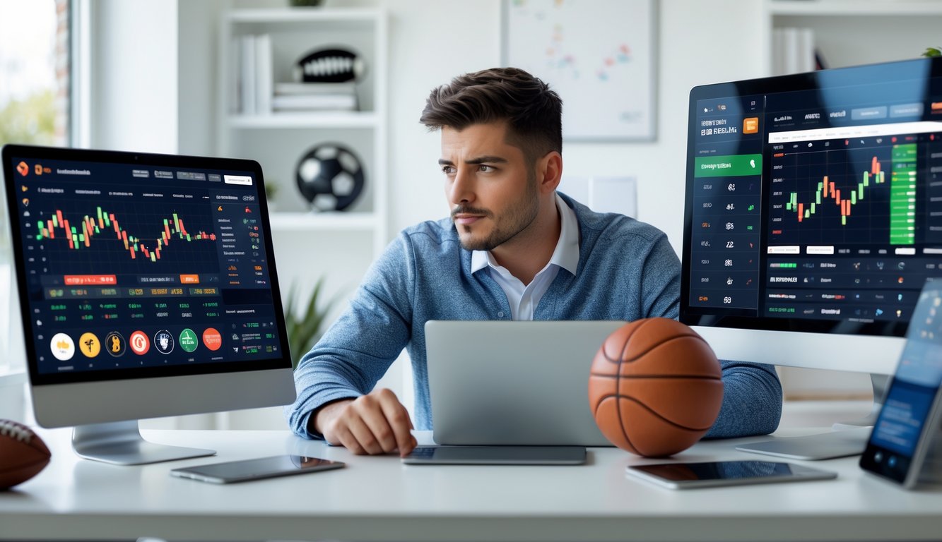 Seorang pria muda duduk di meja dengan beberapa perangkat digital yang menampilkan acara olahraga dan data taruhan, tampak fokus dan menganalisis informasi.