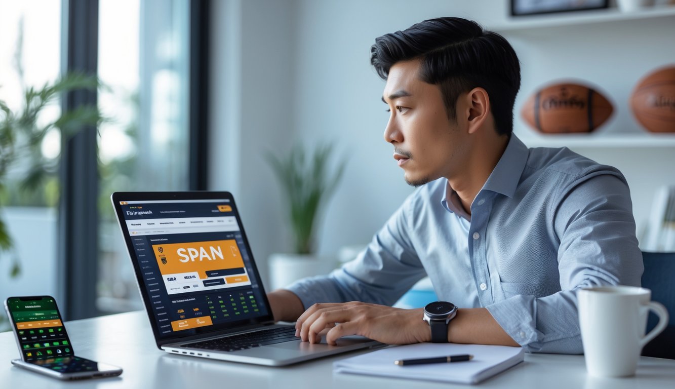 Seorang pria Asia muda fokus menggunakan laptop di ruang kerja modern dengan ponsel, buku catatan, dan kopi di meja.