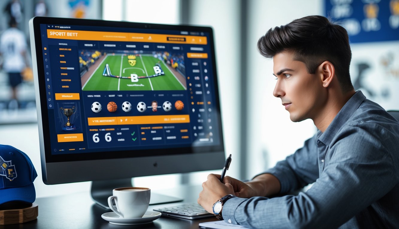 Seorang pria muda duduk di depan komputer yang menampilkan situs taruhan olahraga, sedang fokus menganalisis data dengan latar belakang memorabilia olahraga.