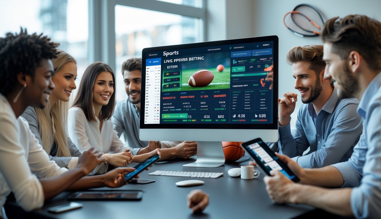 Beberapa orang muda menggunakan perangkat digital di meja dengan layar besar yang menampilkan antarmuka taruhan olahraga online dan peralatan olahraga di latar belakang.
