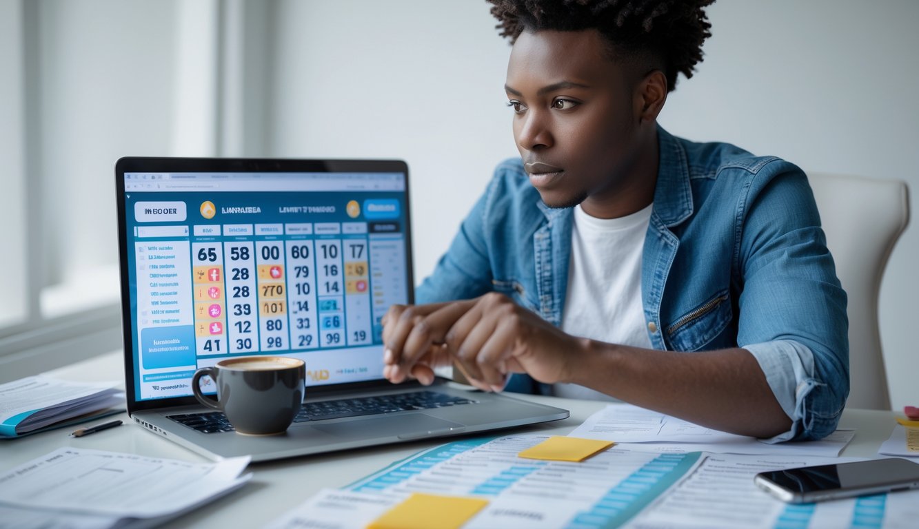 Seseorang yang fokus sedang merencanakan strategi bermain togel di depan laptop dengan catatan dan kopi di meja.