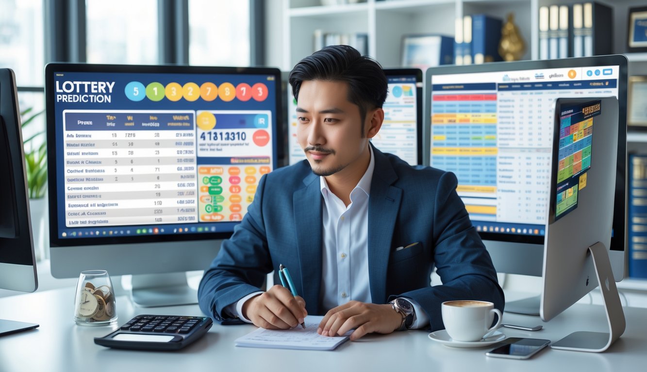 Seorang pria Asia duduk di meja kantor dengan beberapa layar komputer menampilkan data dan grafik, sedang menganalisis informasi dengan serius.