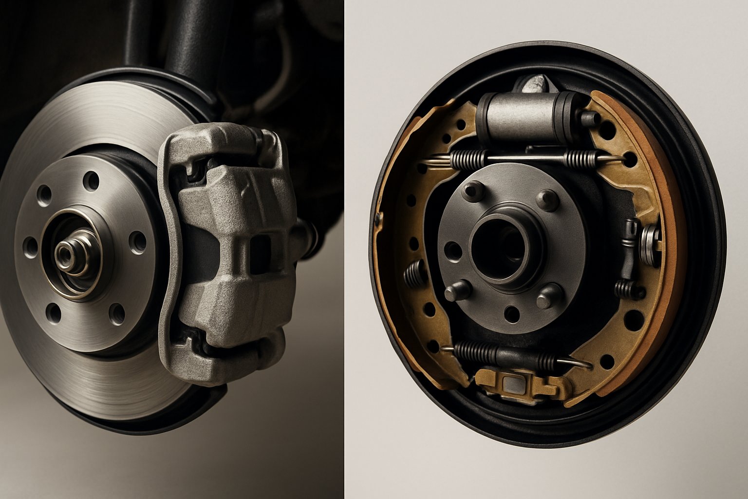 Close-up view of two vehicle braking systems side by side: a disc brake on one side and a drum brake on the other, showing their internal components.