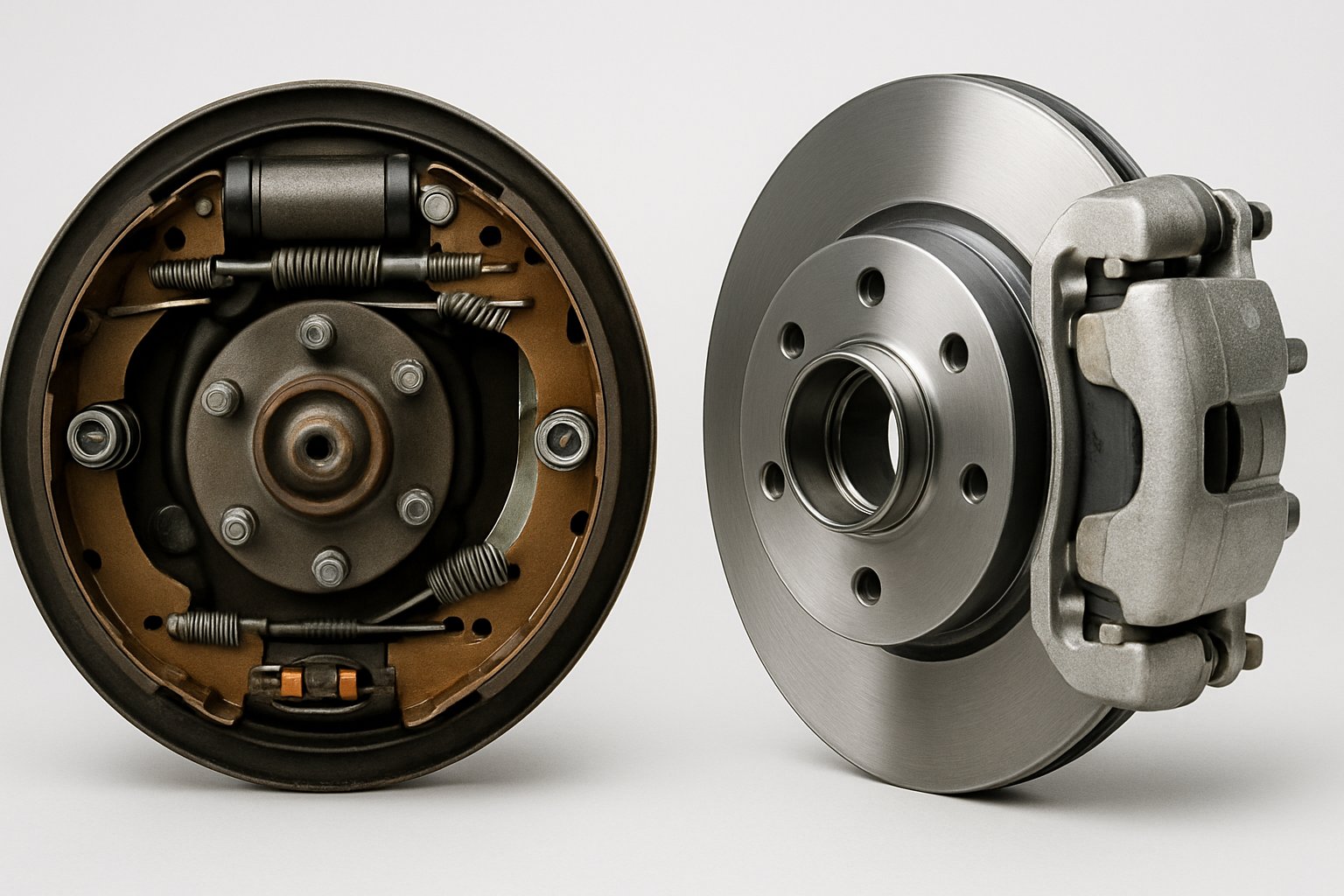 Close-up image of two types of vehicle braking systems: a drum brake on the left and a disc brake on the right.