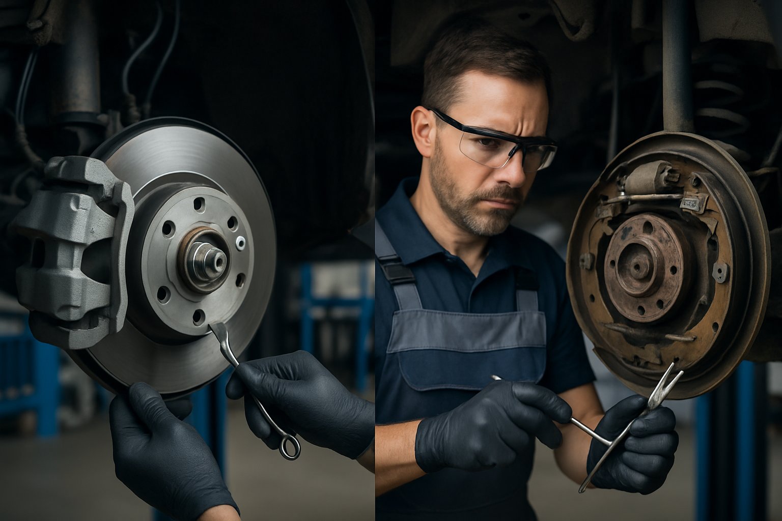 A mechanic working on two types of vehicle braking systems, one disc brake and one drum brake, in an automotive workshop.