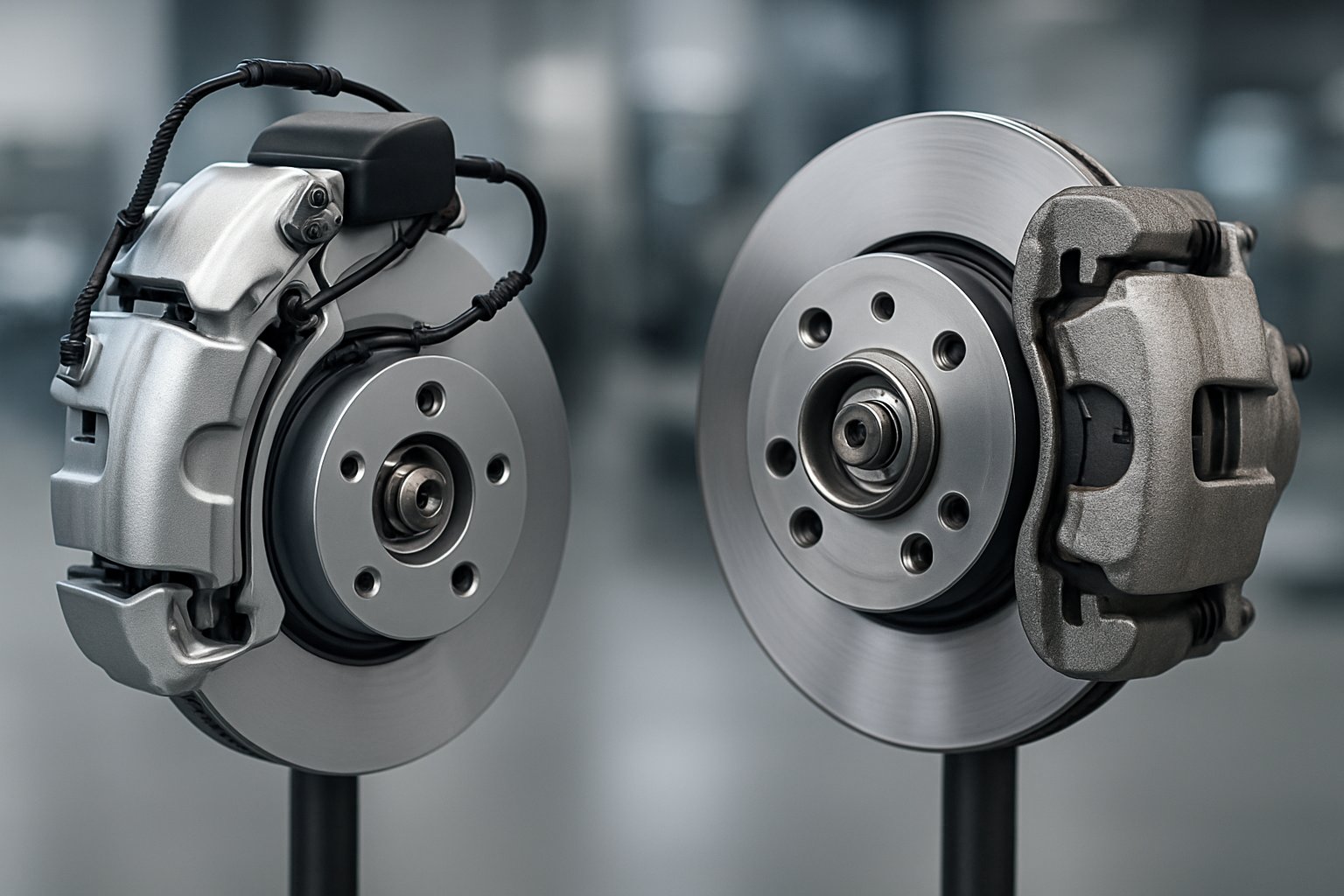 Close-up view of two vehicle braking systems side by side, one electronic and one traditional hydraulic disc brake, displayed in a workshop setting.