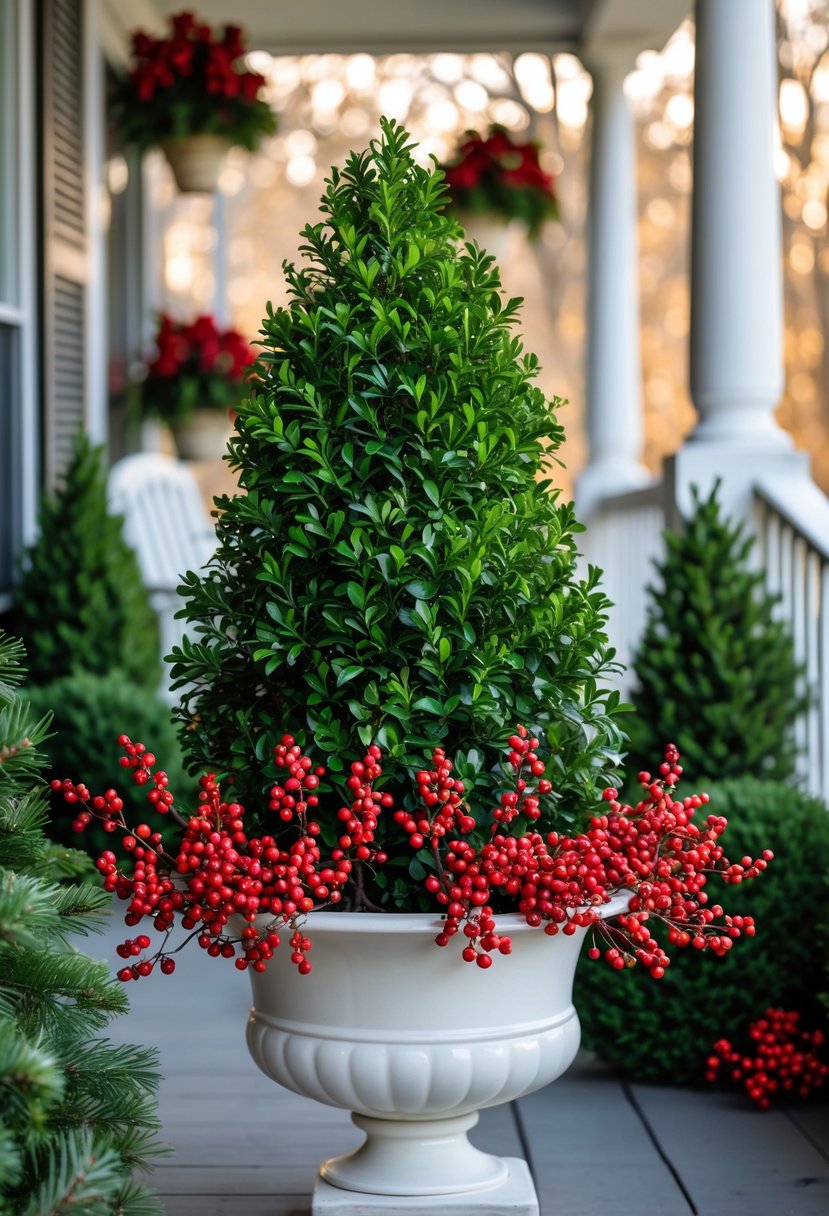 A winter planter on a porch filled with green boxwood shrubs and bright red winterberries.