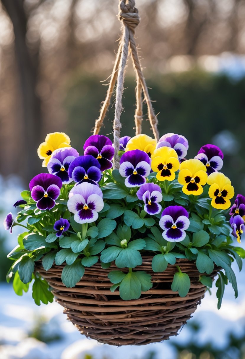 A hanging basket outdoors filled with vibrant purple and yellow pansy flowers in full bloom.
