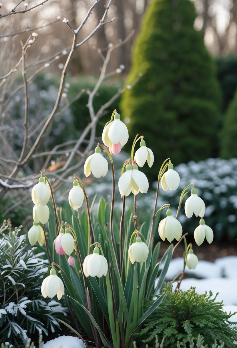 A winter garden with blooming hellebore flowers surrounded by evergreen plants and snow-dusted branches.