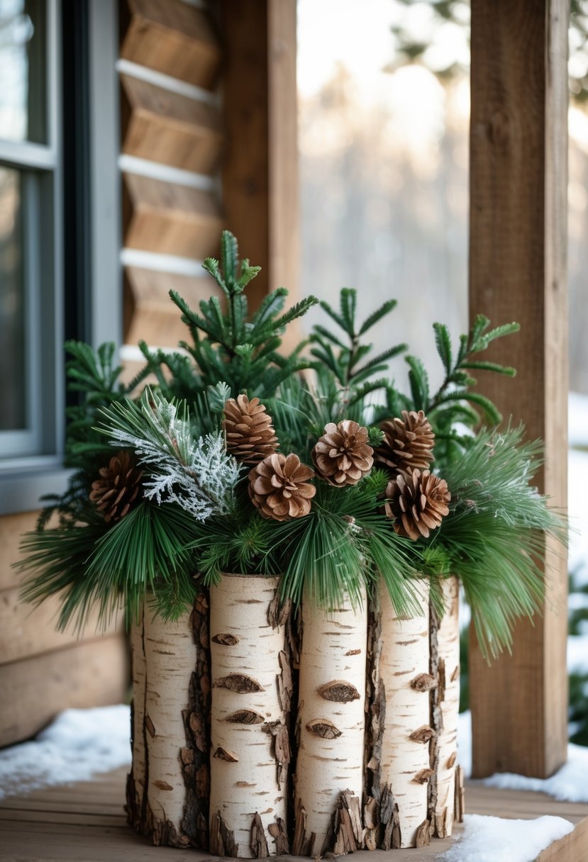 A birch log planter filled with pine branches and pine cones on a porch with winter decorations.