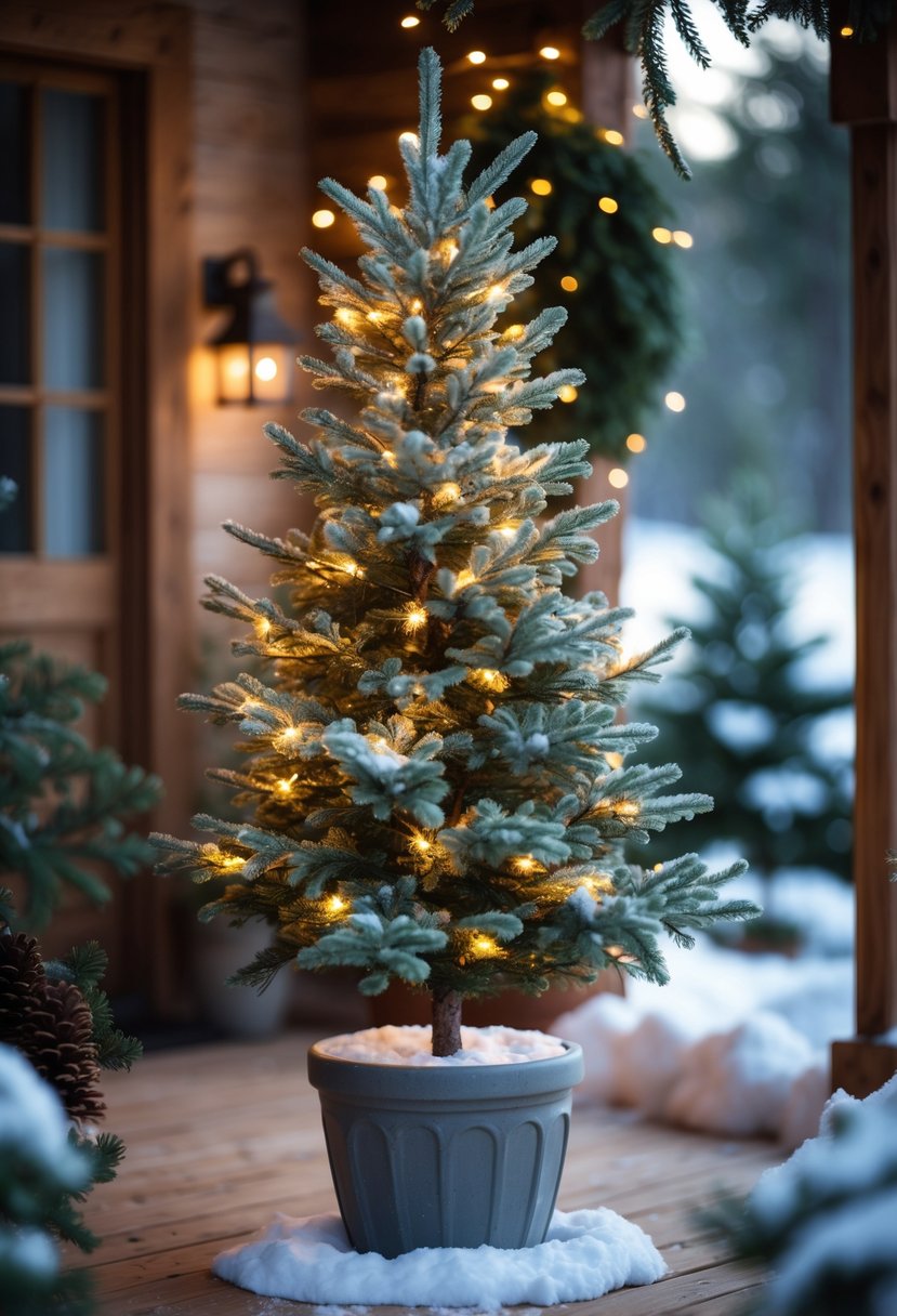 A small Colorado blue spruce tree decorated with fairy lights in a winter planter on a snowy porch.