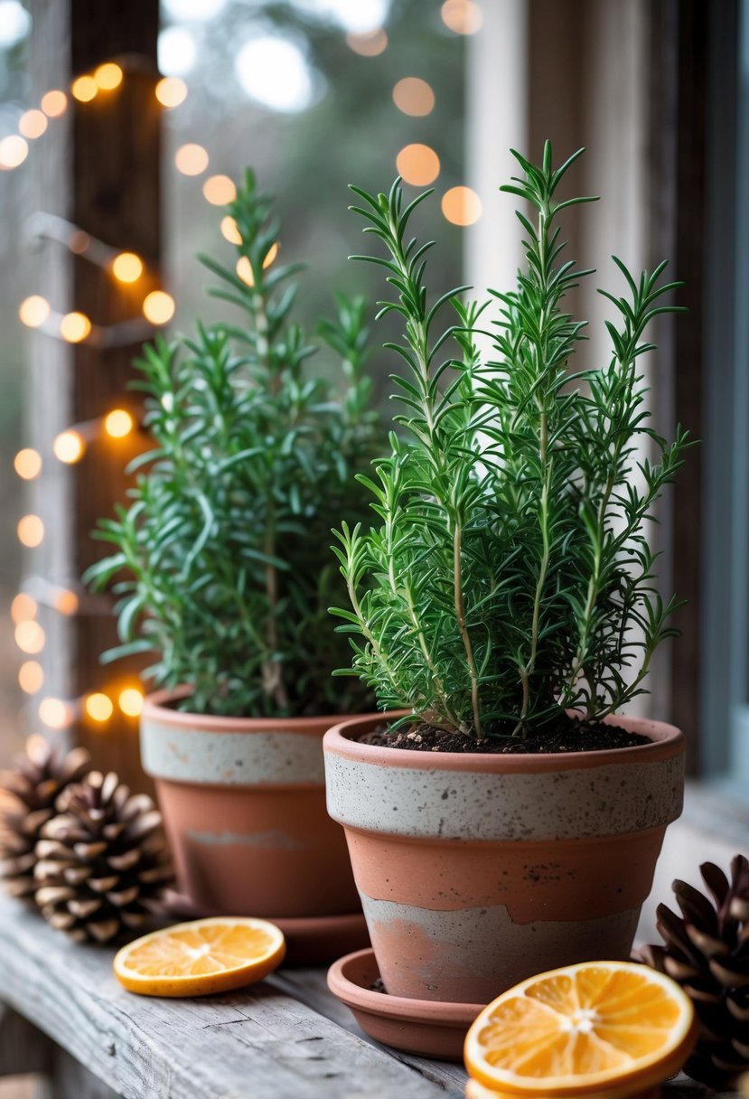 Fresh rosemary and thyme herbs growing in rustic terracotta pots on a wooden porch with winter decorations around them.