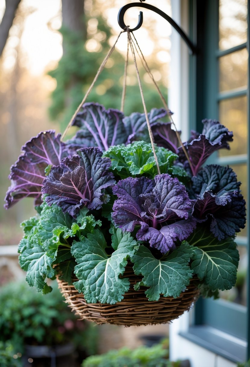 A hanging basket outdoors filled with green and purple ornamental kale leaves.