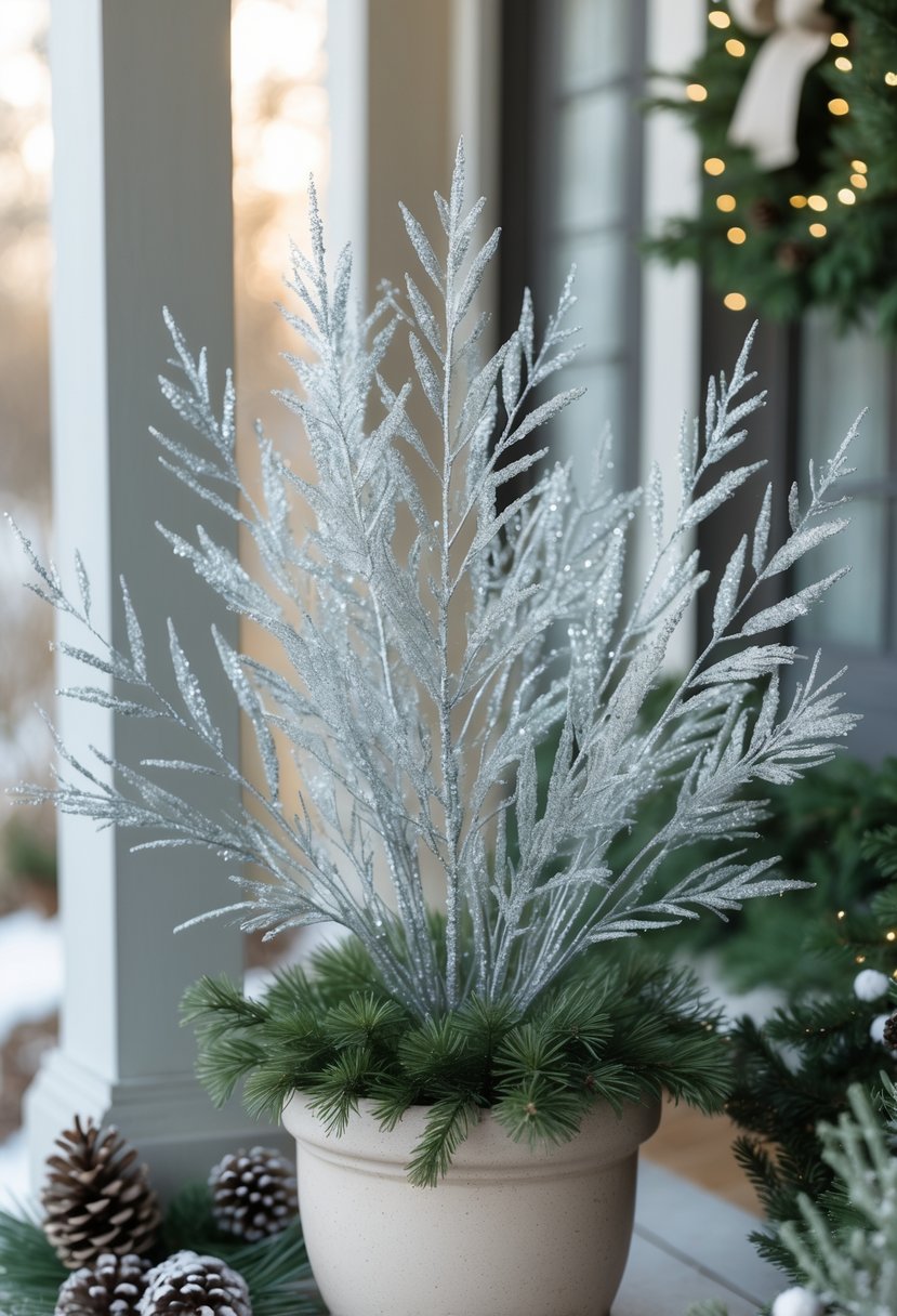 Silver pine branches with glitter spray arranged in a winter planter on a porch.