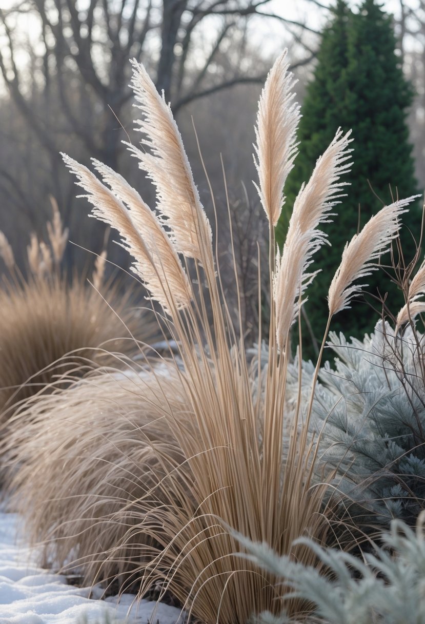 A winter garden with ornamental grasses gently swaying among bare branches and evergreen shrubs.