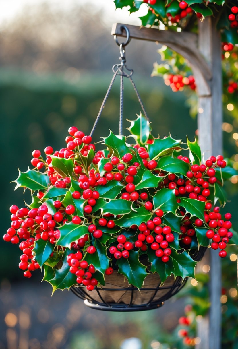 A hanging basket filled with green winterberry holly branches covered in bright red berries outdoors.