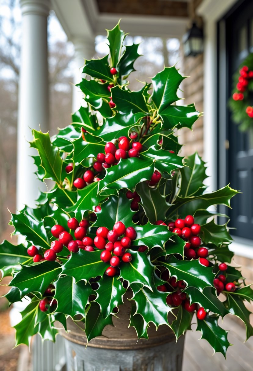 A winter planter filled with green holly branches and red cranberries on a porch.