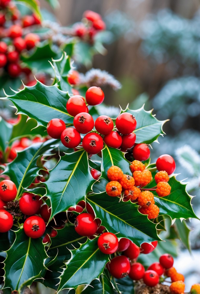 Close-up of colorful red holly and orange-red pyracantha berries on green branches in a winter garden.