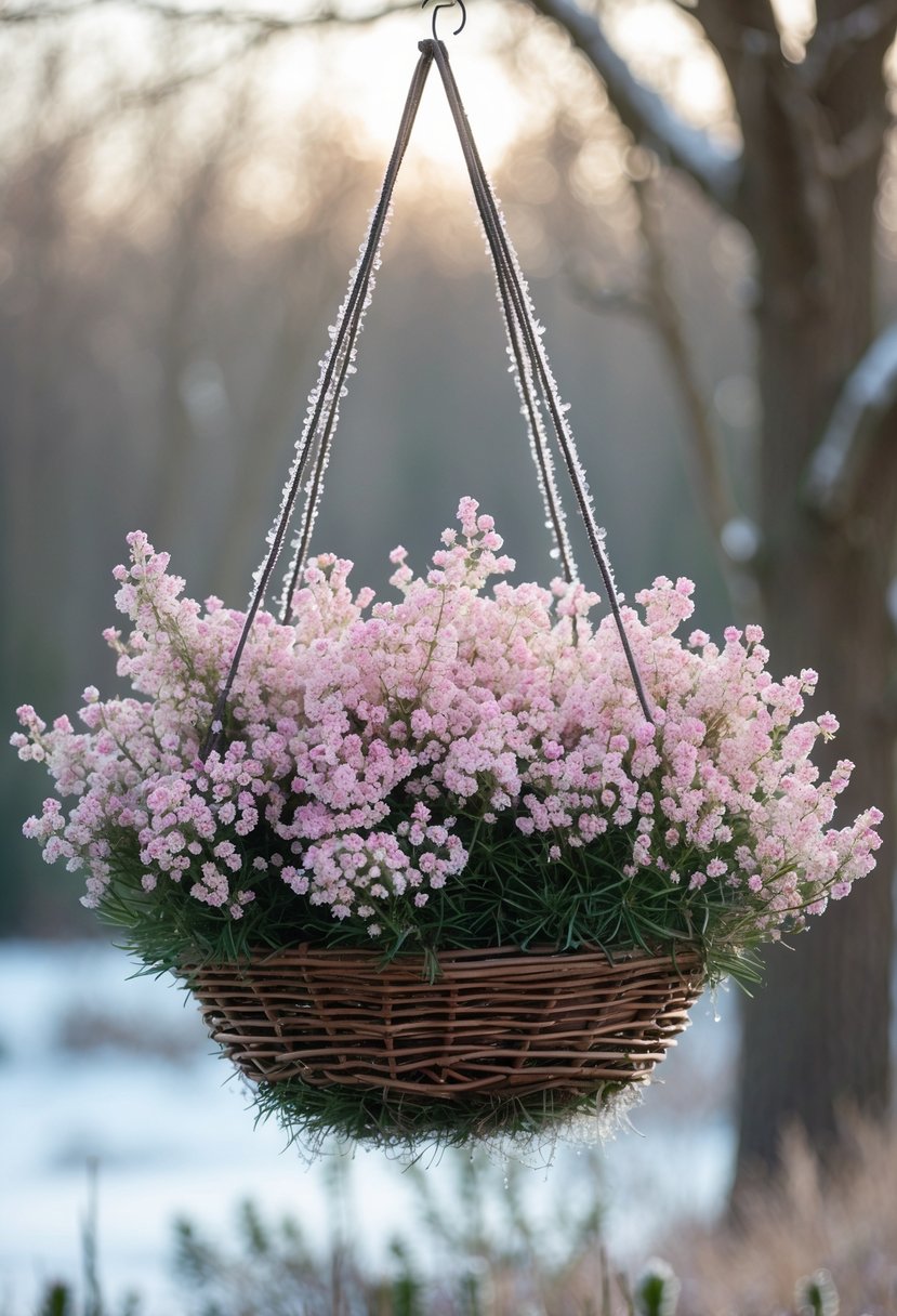 A hanging basket outdoors filled with soft pink and white heather flowers in winter.